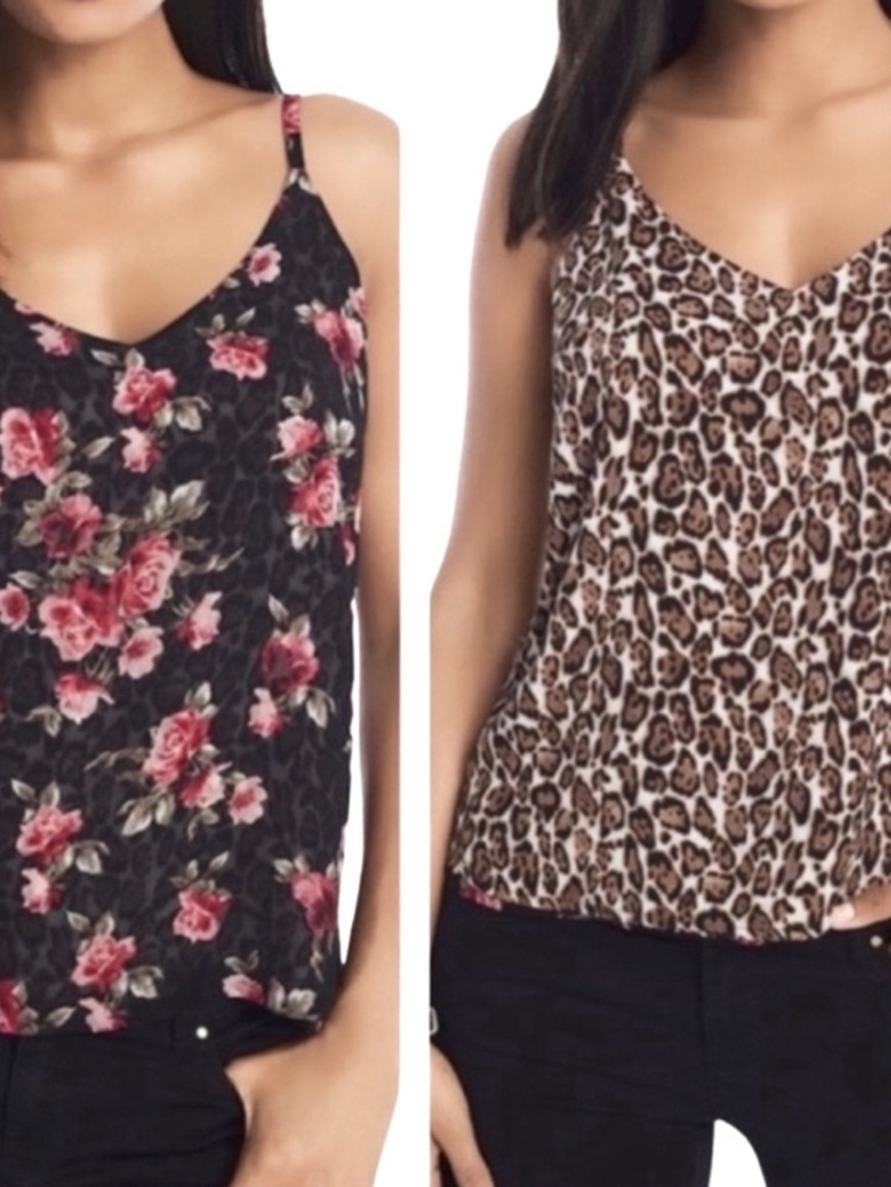 WHBM Reversible Camisole Roses & Animal Print V-neck Top Black Red Brown Size SP